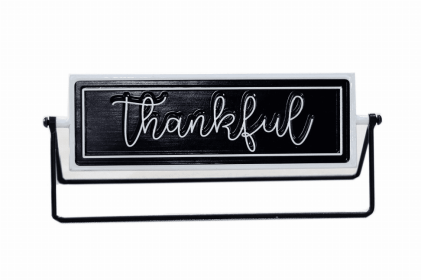 Thankful/Grateful Rotating Metal Tabletop Decor- Embossed Metal Words Modern Freestanding Sign Decor- Black/White- 12 x 3.125 x 4.875 inches