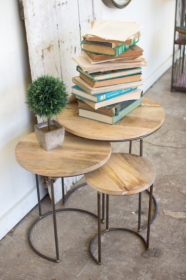 Set Of 3 Nesting Iron Accent Tables With Mango Wood Tops Large 17"D X 18"T   Medium 13.5"D X 16"T  Small 10"D X 14"T