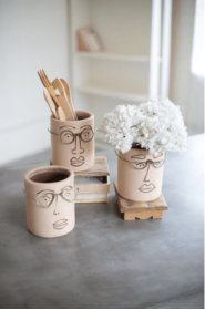 Set Of Three Clay Face Planters With Wire Glasses