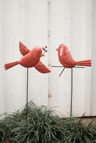 Set Of Two Hand-Hammered Red Bird Yard Stakes