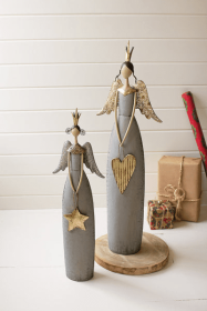 Set Of Two Gold & Grey Christmas Angels Holding Heart & Star