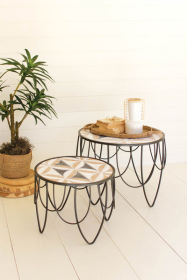 Set Of Two Round Carved Wood Top Accent Tables W Metal Base