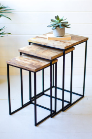 Set Of Three Nesting Square Wood And Iron Side Tables