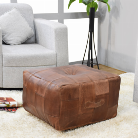 Solid Handmade Buffalo Leather Square Pouf (Recycled Foam with Fibre Fill)