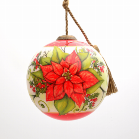 Holiday Poinsettia Hand Painted Glass Ornament