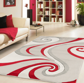 3'8" x 5'6" Red Silver Modern Swirls Hand-Carved Soft Rug