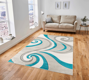 3'8" x 5'6"  Turquoise Modern Swirls Hand-Carved Soft  Rug