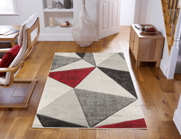 3'8" x 5'6" Red Geometric Hand-Carved Soft Rug