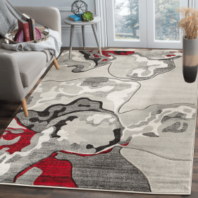 3'8" x 5'6" Red Abstract Hand-Carved Soft Rug