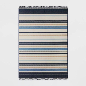 7x10 Feet Navy Beige Textural Stripe Outdoor Area Rug