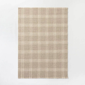 5x7 Feet Beige Tan Plaid Hand Woven Wool/Cotton Area Rug