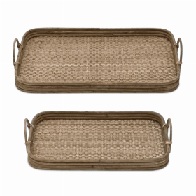 Tray (Set of 2) 16"L x 10"W, 19"L x 12"W Rattan/Wood