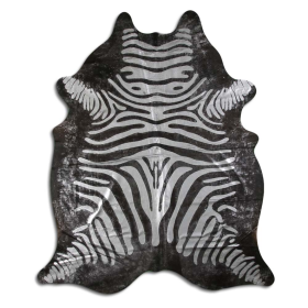 ACID WASHED HAIR ON COWHIDE SILVER METALLIC ZEBRA ON BLACK