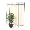 Black Metal 4-Panel Room Divider with Off-White Fabric Screen