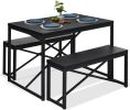 Modern 3-Piece Dining Set - Metal Frame Black Wood Top Table and 2 Bench Chairs