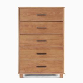 Modern Farmhouse Solid Wood 5 Drawer Bedroom Chest in Light Brown Finish