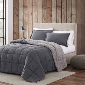 Full/Queen Plush Sherpa Reversible Micro Suede Comforter Set in Gray