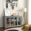 Grey Wood Buffet Kitchen Dining Sideboard Storage Cabinet w/ Glass Sliding Door