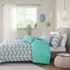 Full/Queen Reversible Comforter Set with Grey White Aqua Teal Chevron Pattern