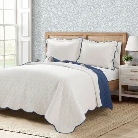 King size White Navy Scalloped Edge Reversible Lightweight Quilt Set