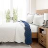 Full/Queen White Navy Scalloped Edge Reversible Thin Light Quilt Set