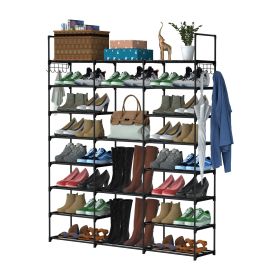 8-Tier 3-Row Shoe Rack Metal Shoe Storage Shelf Free Standing Large Shoe Stand 42 Pairs Shoe Tower Unit Tall Shoe Organizer with 2 Hooks for Entryway