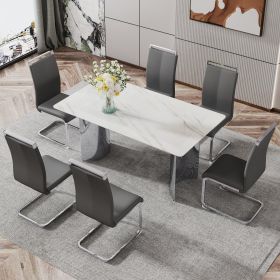 Modern minimalist dining table. Imitation marble glass sticker desktop, stainless steel legs, stable and beautiful. 6 premium PU seats. 63 inches * 35