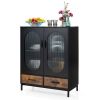 Modern Black Brown Metal Wood Sideboard Dining Buffet Cabinet with Glass Doors